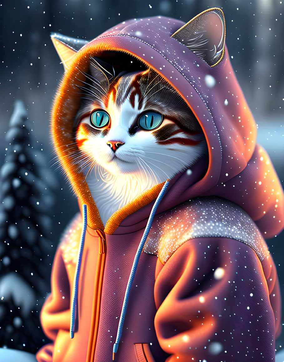 Digital Artwork: Blue-Eyed Cat in Orange Hoodie Amid Winter Scene