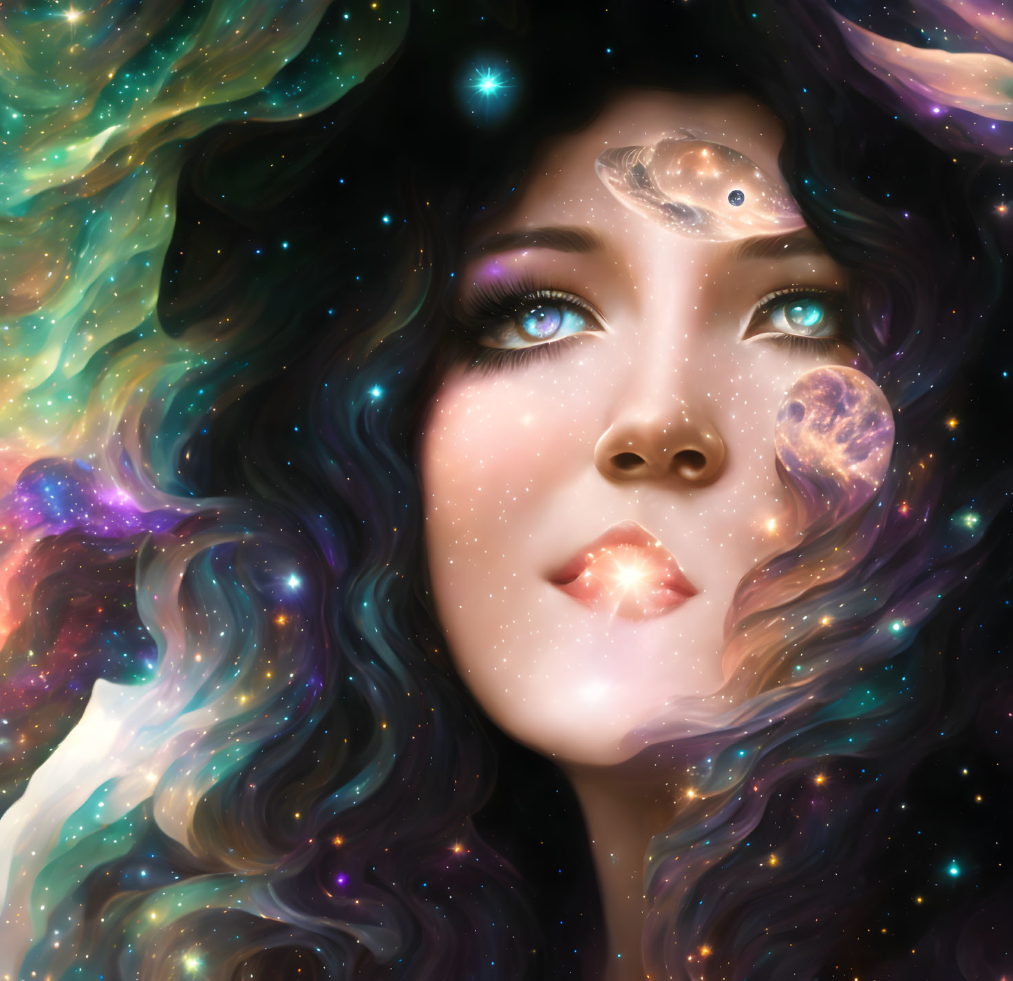 Cosmic-themed digital art portrait of a woman blending with galaxy elements