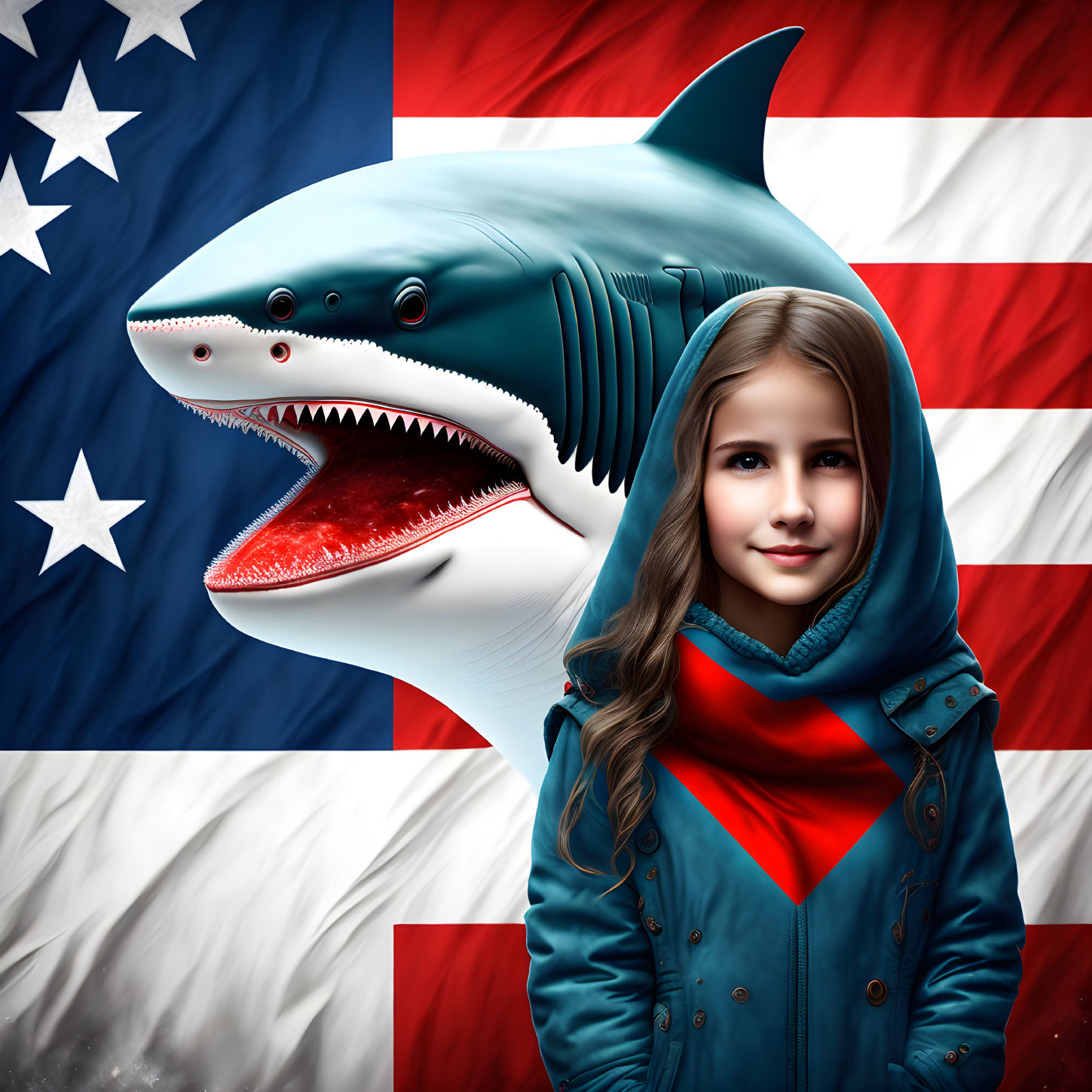 Girl in Blue Jacket with Shark Head Beside American Flag