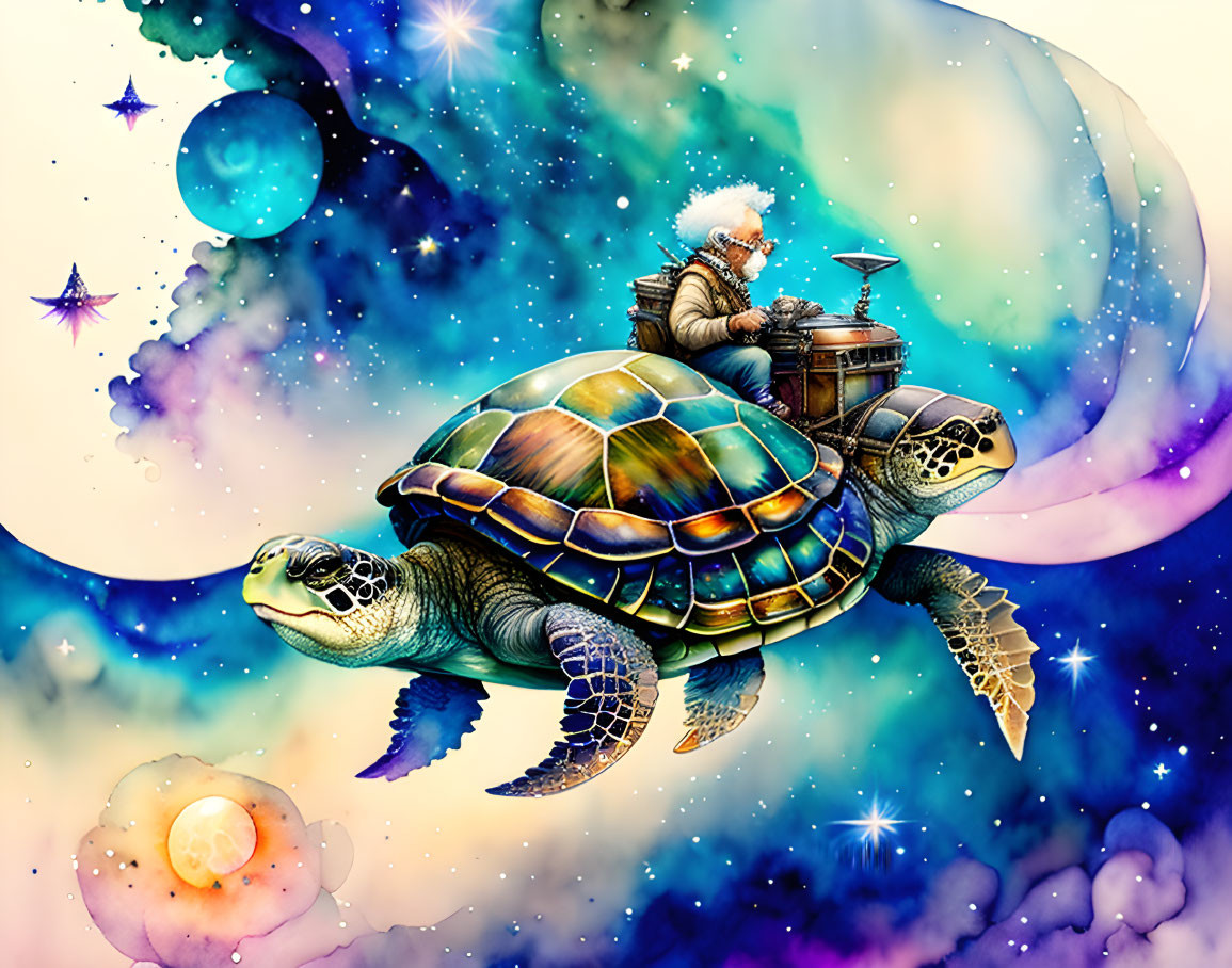 Illustration: Explorer on giant turtle in cosmic setting