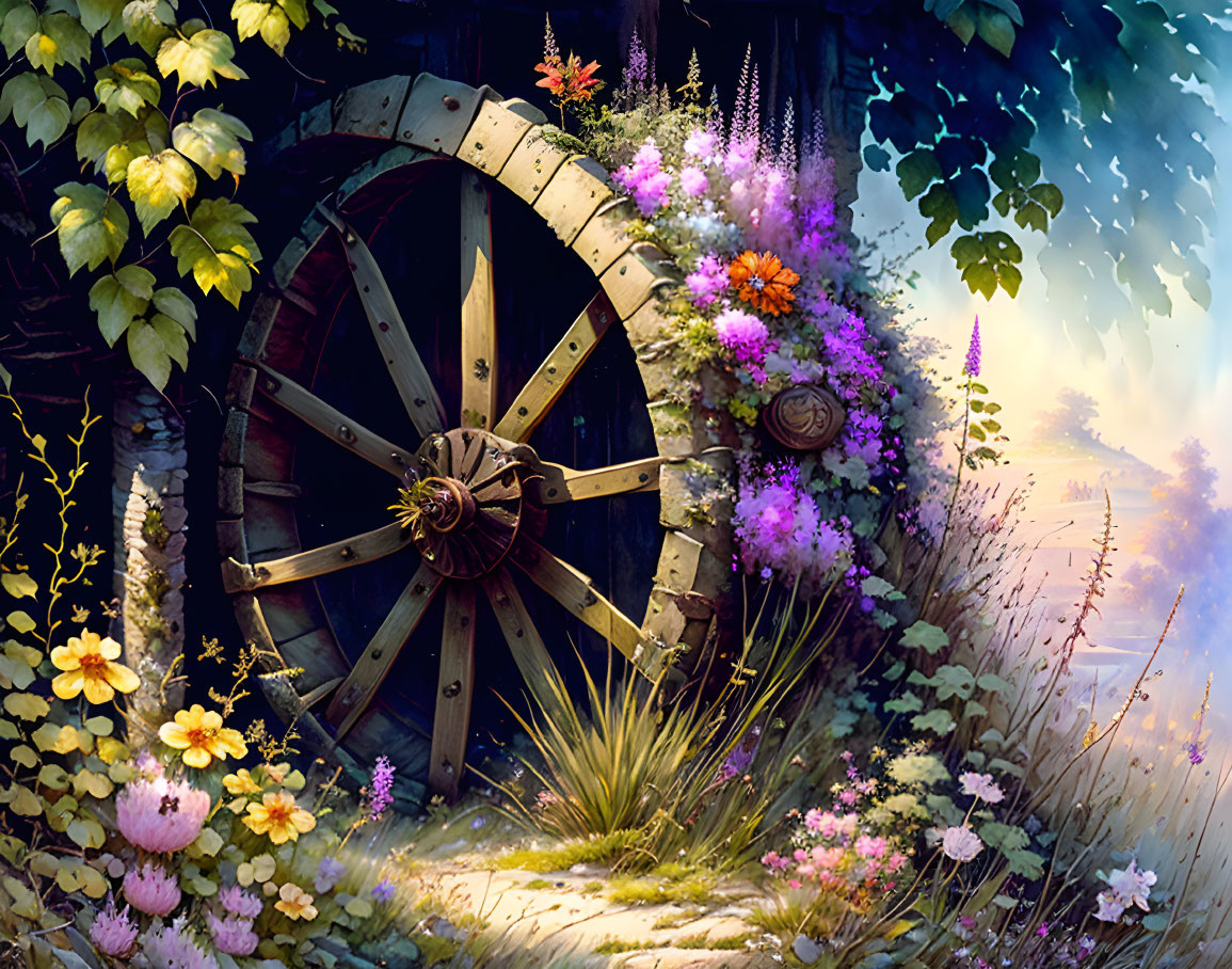 Wooden waterwheel in lush, flower-filled forest landscape