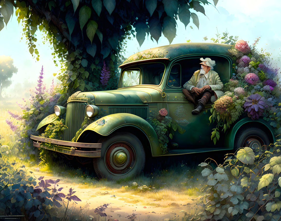 Elderly person sitting on green pickup surrounded by flowers in garden