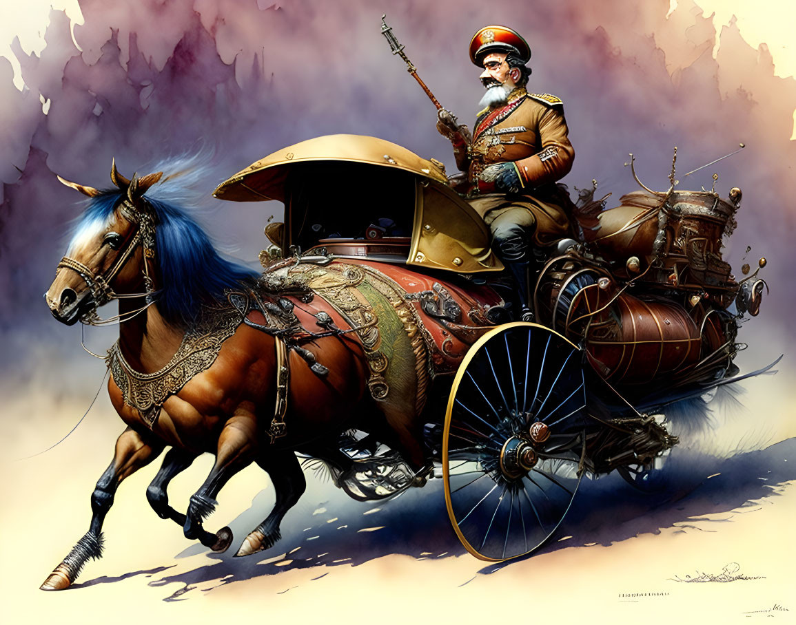 Steampunk soldier in chariot pulled by blue horse on purple backdrop