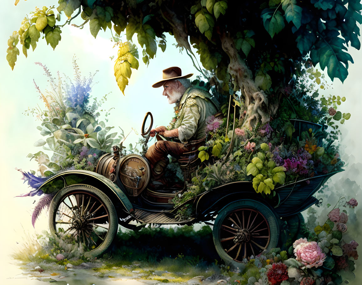 Elderly man in hat driving vintage car with flowers and plants under tree