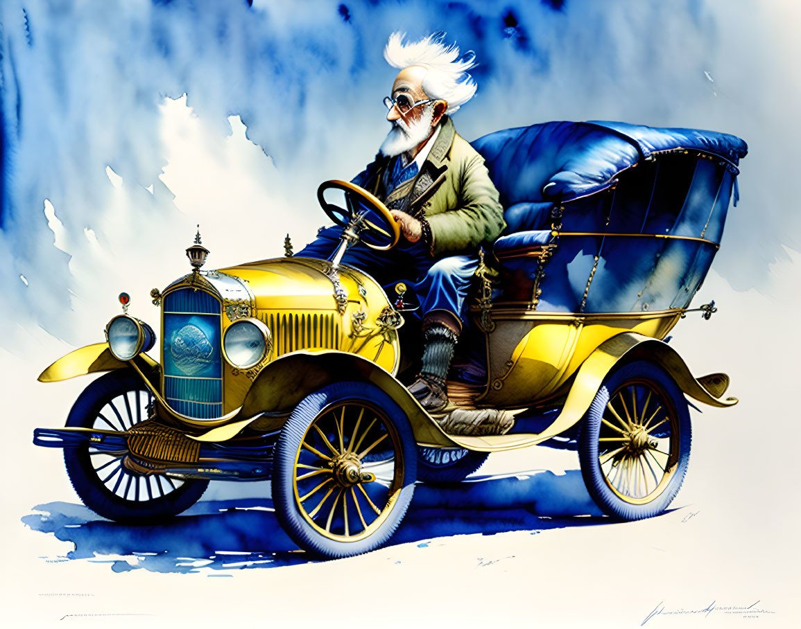 Elderly Man with White Beard Driving Classic Yellow Car in Stylized Illustration