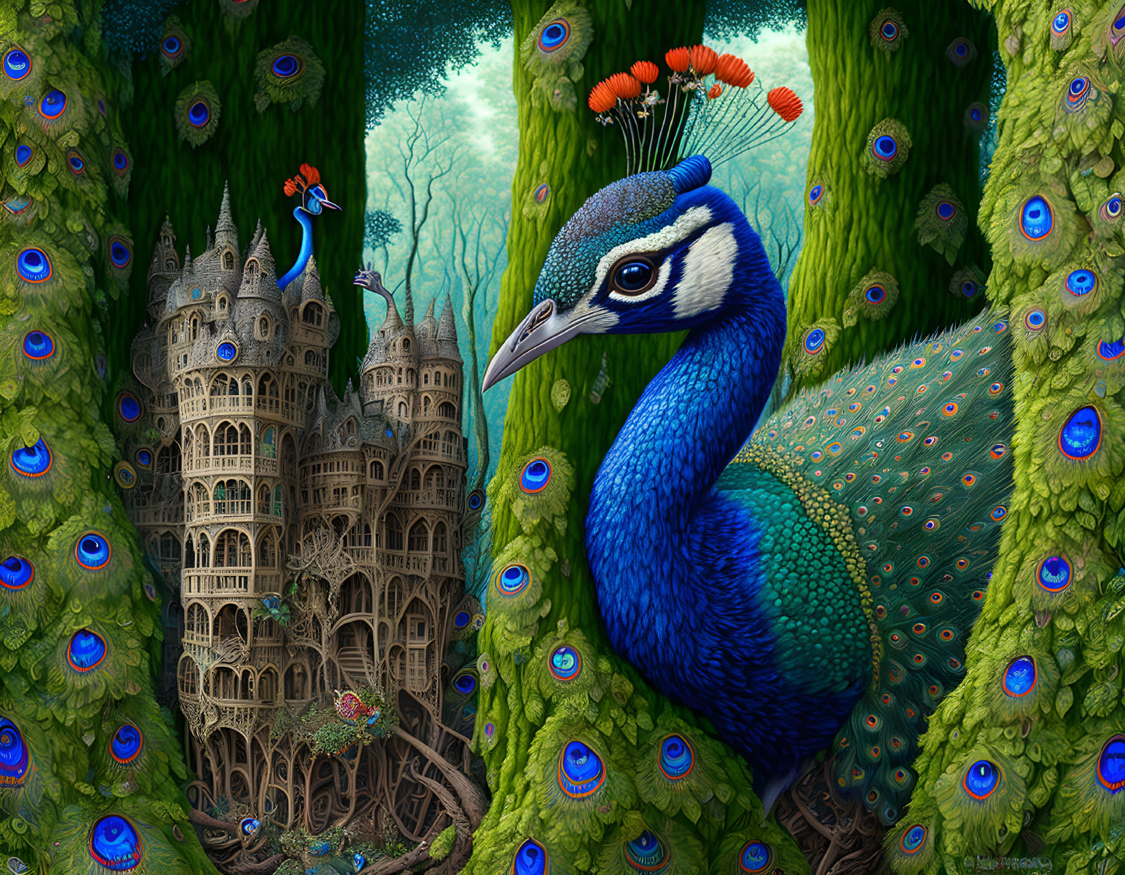 Colorful Peacock with Fairy Tale Castles in Whimsical Forest