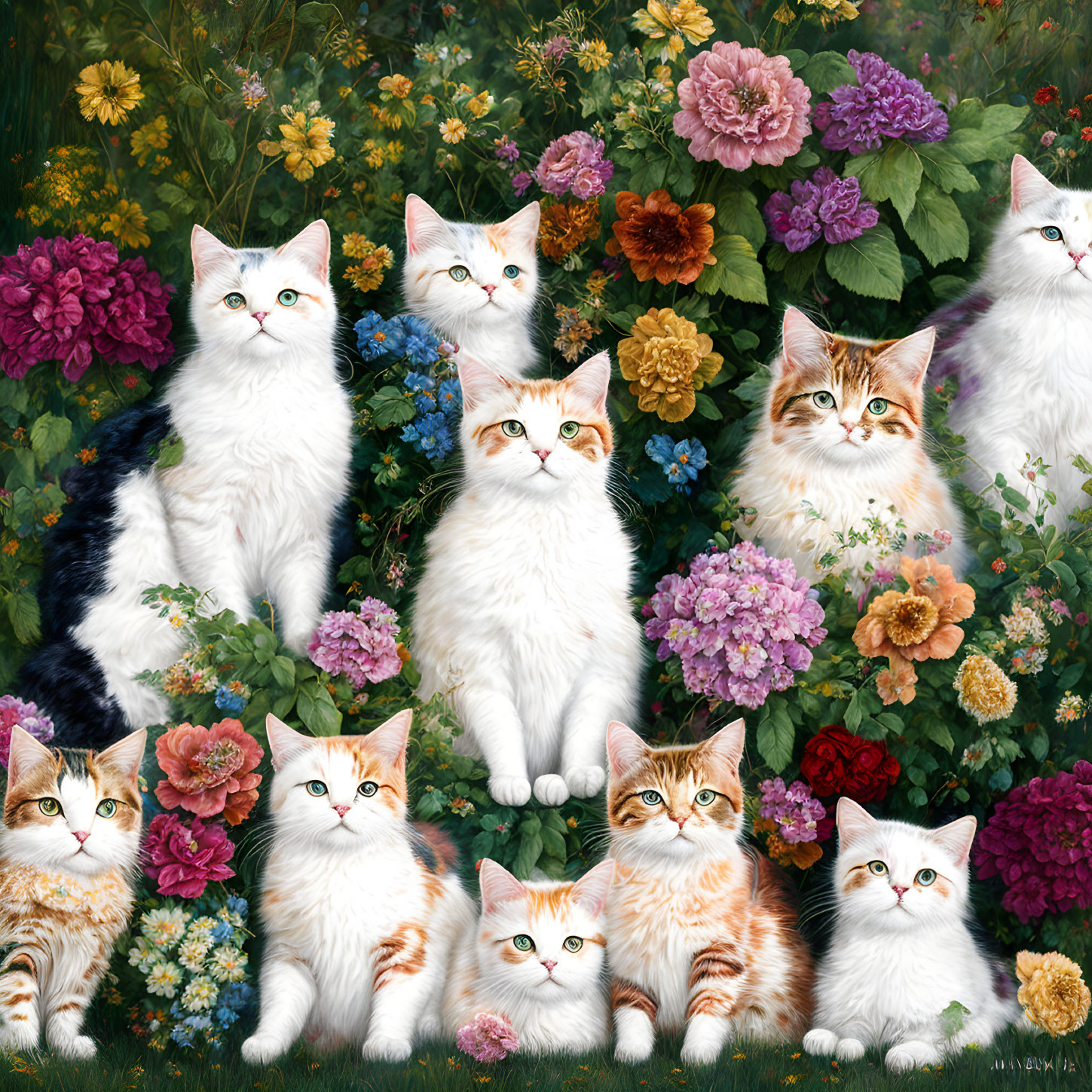 Colorful Painting of Nine Cats with Flowers