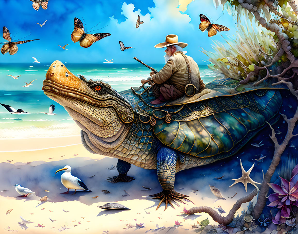 Man in hat fishing on giant turtle surrounded by butterflies and birds at beach