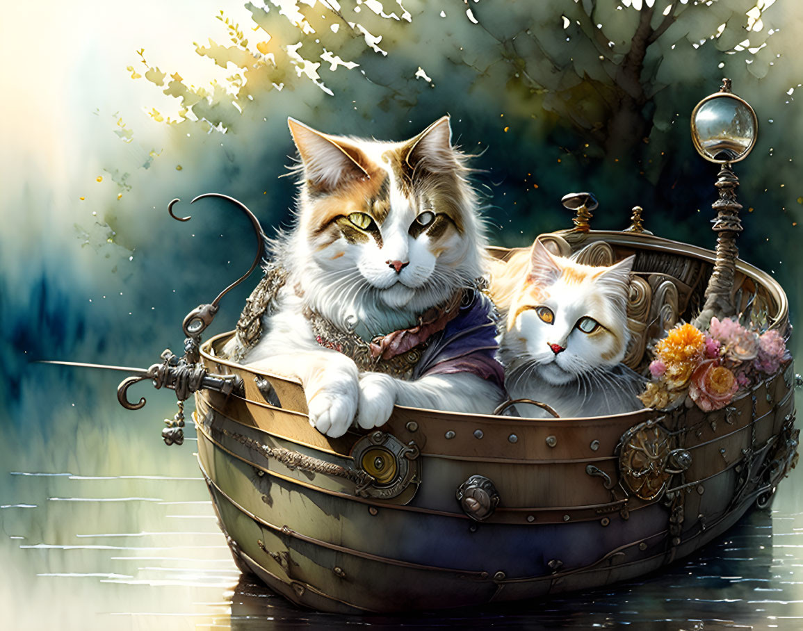 Whimsical anthropomorphic cats in fantasy boat fishing in serene pond