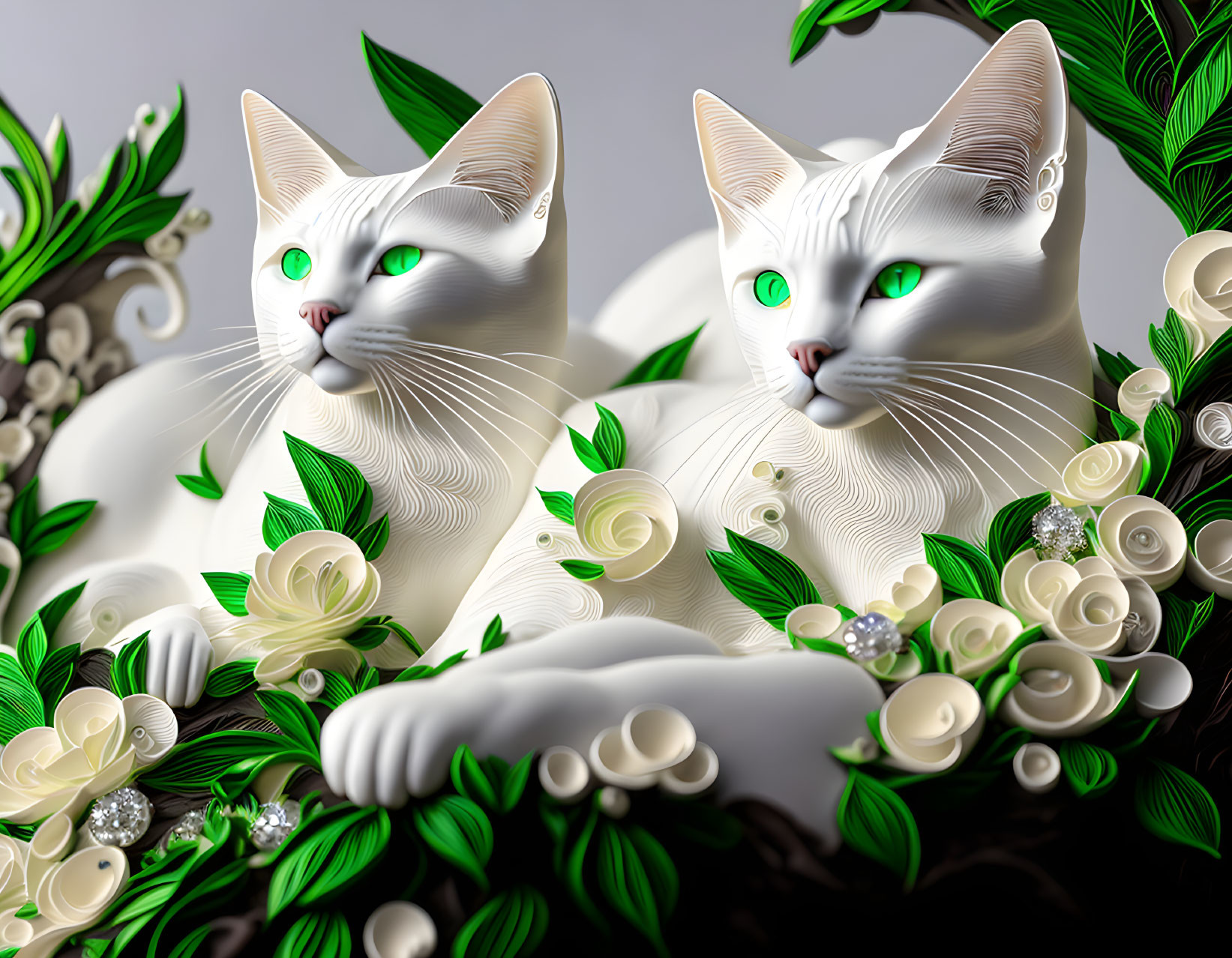 Stylized white cats with green eyes in floral setting