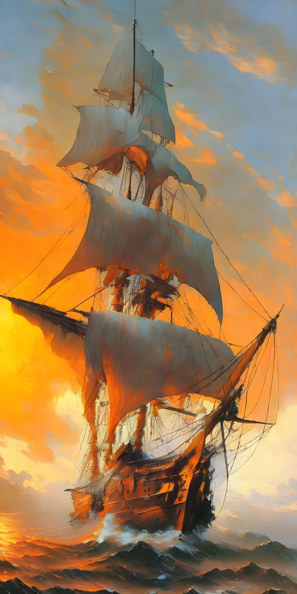 Majestic sailing ship on turbulent seas at sunset