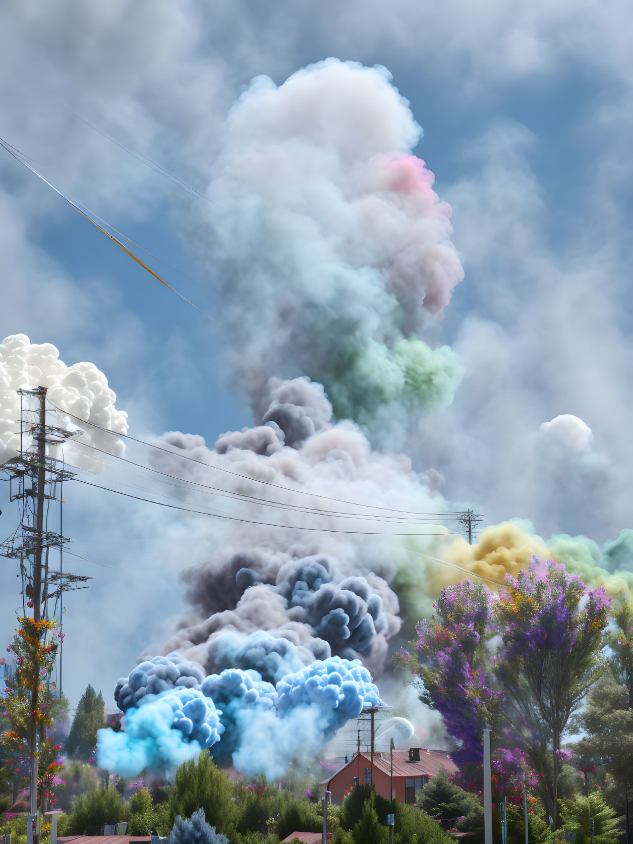 Vibrant pink, blue, and yellow smoke plumes over power lines and trees.