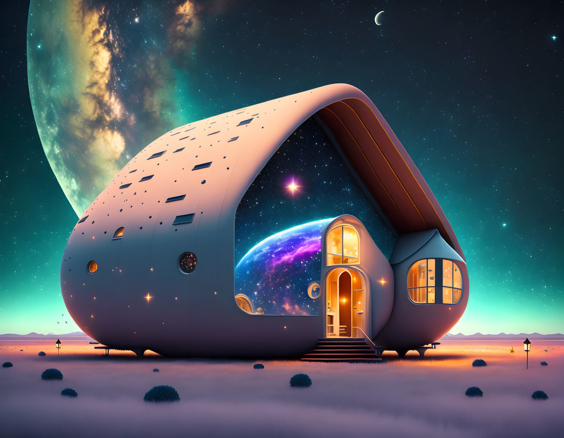 Futuristic house with cosmic motifs under starry sky and large planet in desert landscape at twilight