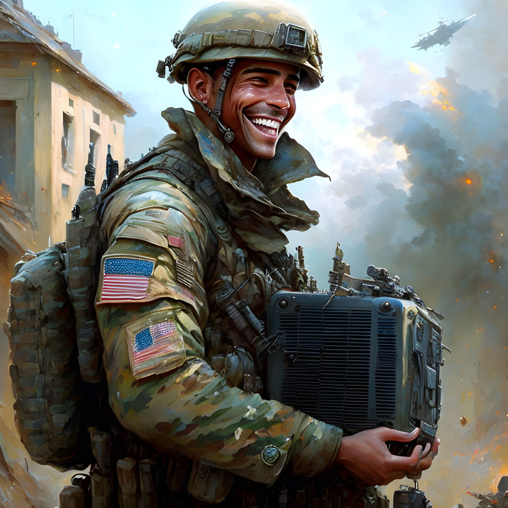 Smiling soldier in combat gear with American flag patch holding radio equipment