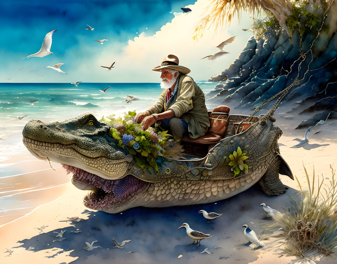 Elderly man in crocodile boat on beach with birds and flowers