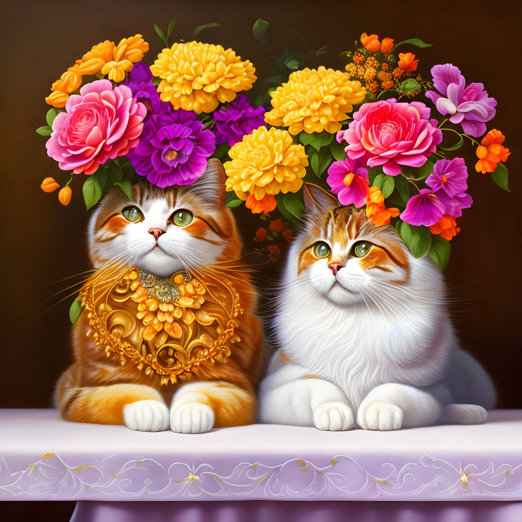 Whimsical cats with expressive eyes in floral hats and golden necklaces