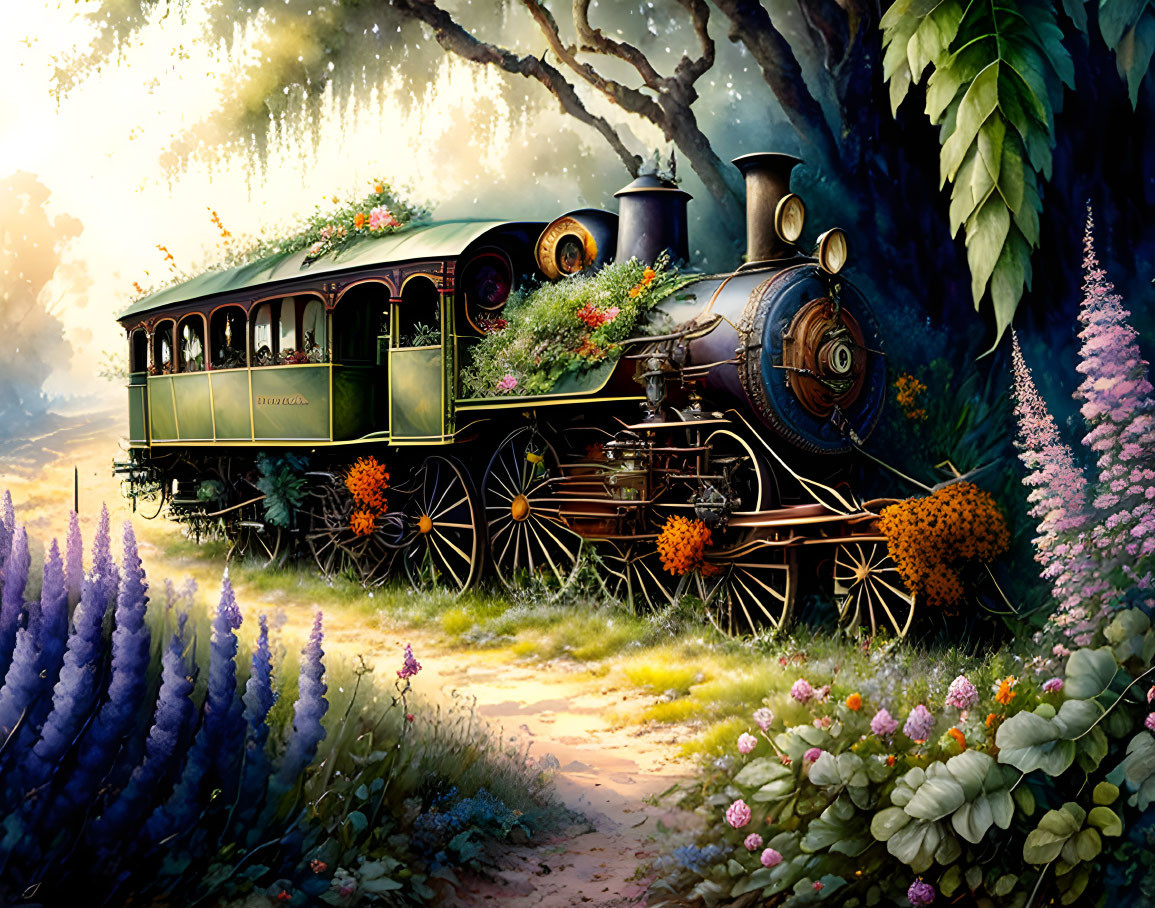 Vintage train decorated with flowers in forest glade with lavender.