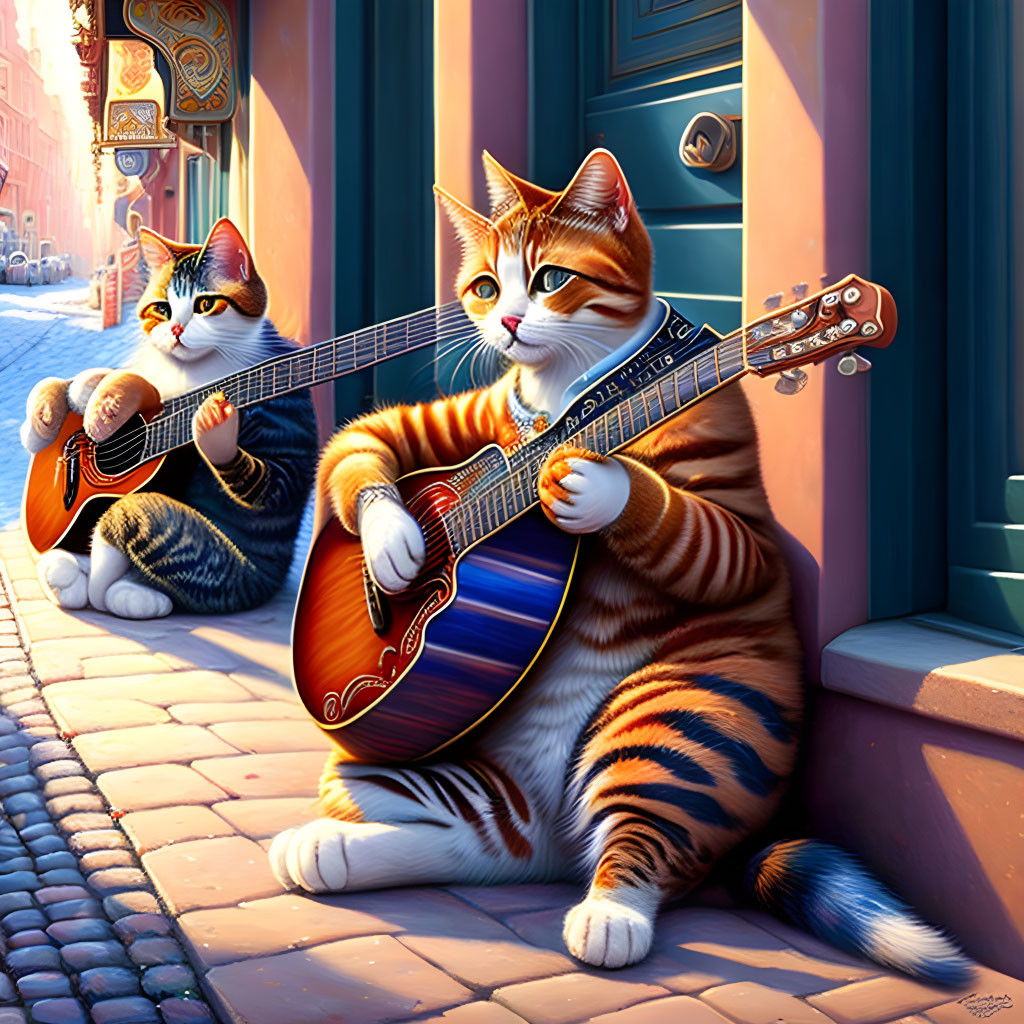 Anthropomorphic cats playing guitars in European-style street