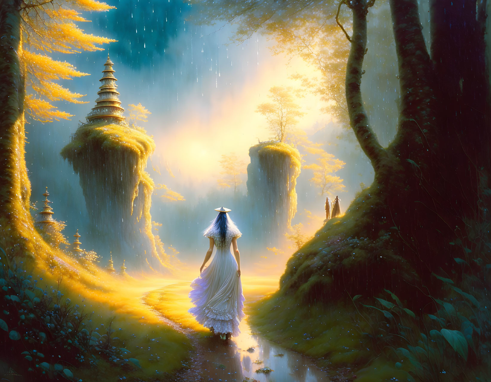 Person in white robe walking through mystical forest with floating islands and pagoda under sunlight rays.