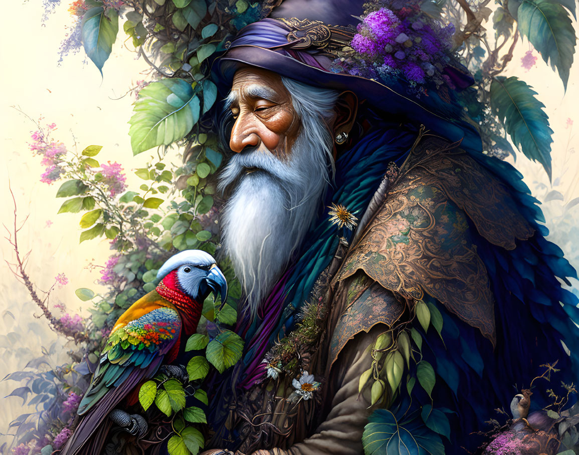 Elderly wizard with long white beard, purple hat, and parrot in lush foliage