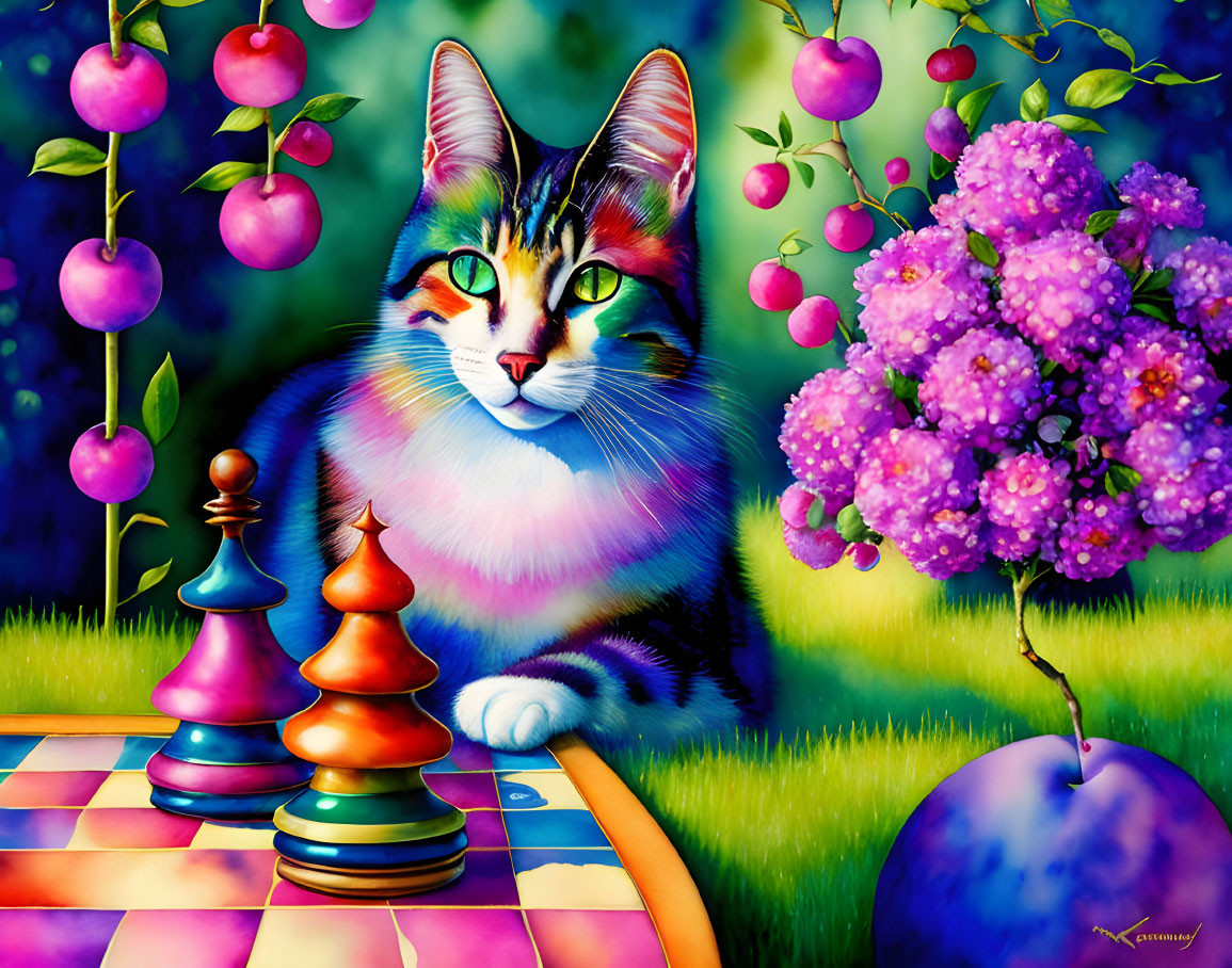 Colorful Cat Painting with Chessboard, Fruit Trees, and Flowers