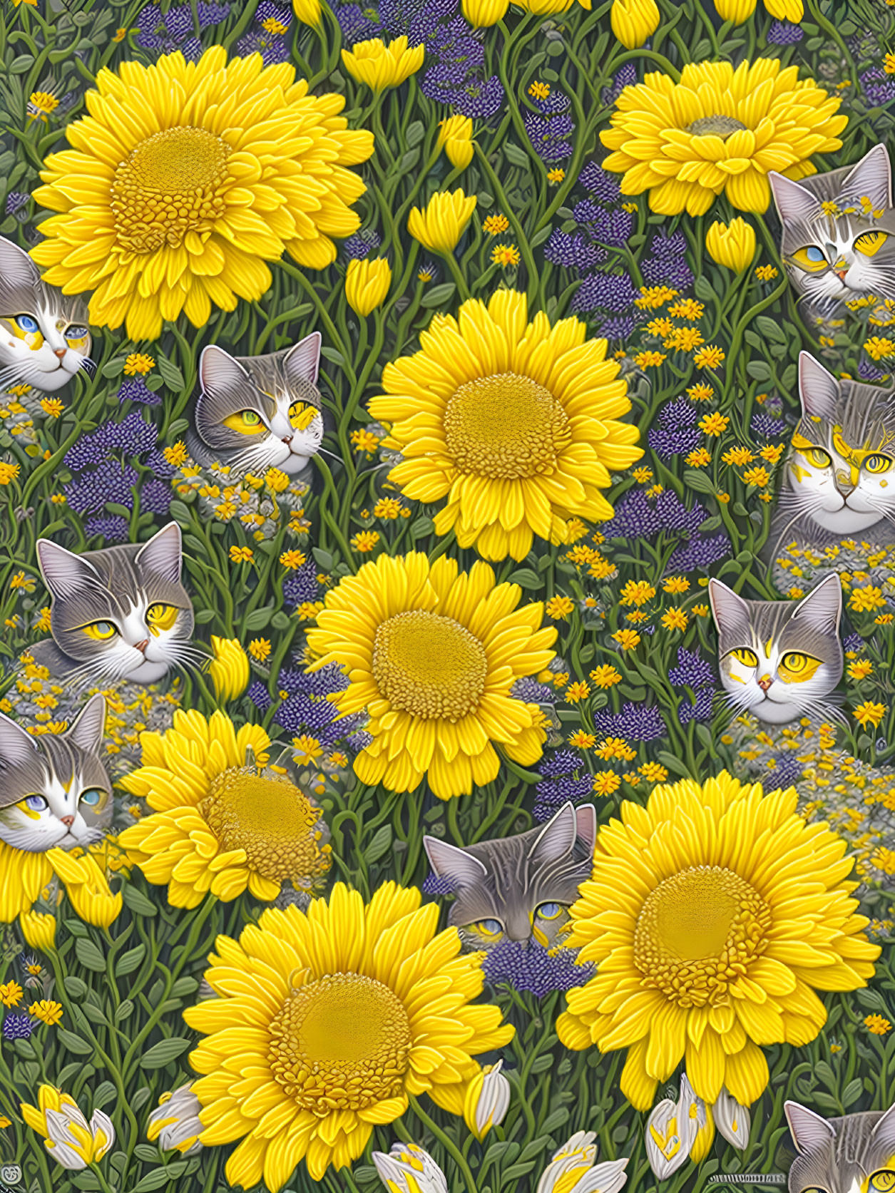 Colorful Sunflower and Cat Face Pattern in Yellow and Purple