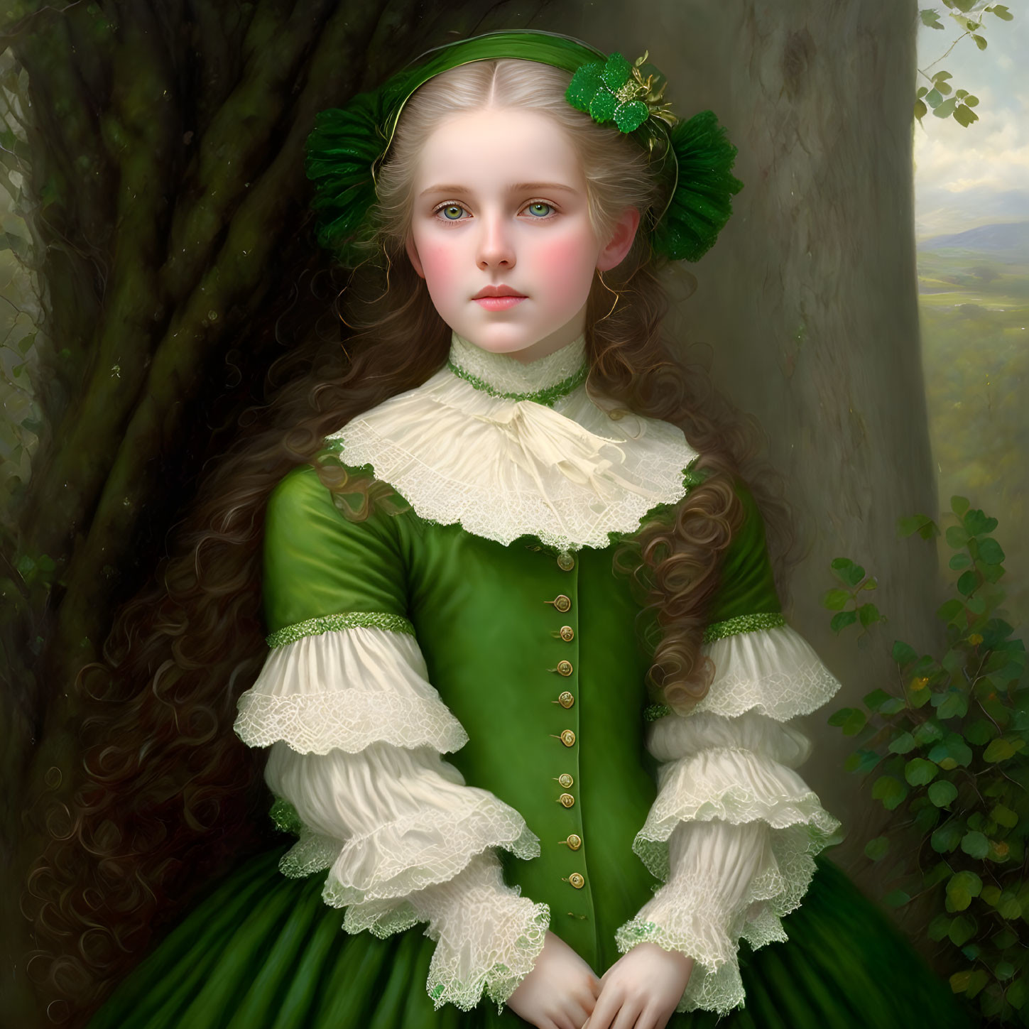 Young girl portrait in green dress with forest backdrop