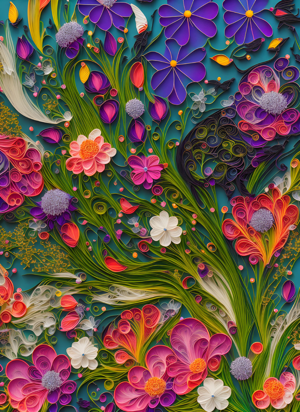 Colorful 3D flowers and butterflies in intricate paper art style on teal background