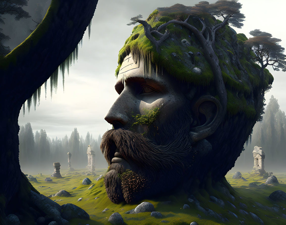 Colossal stone face with greenery beard in misty forest ruins