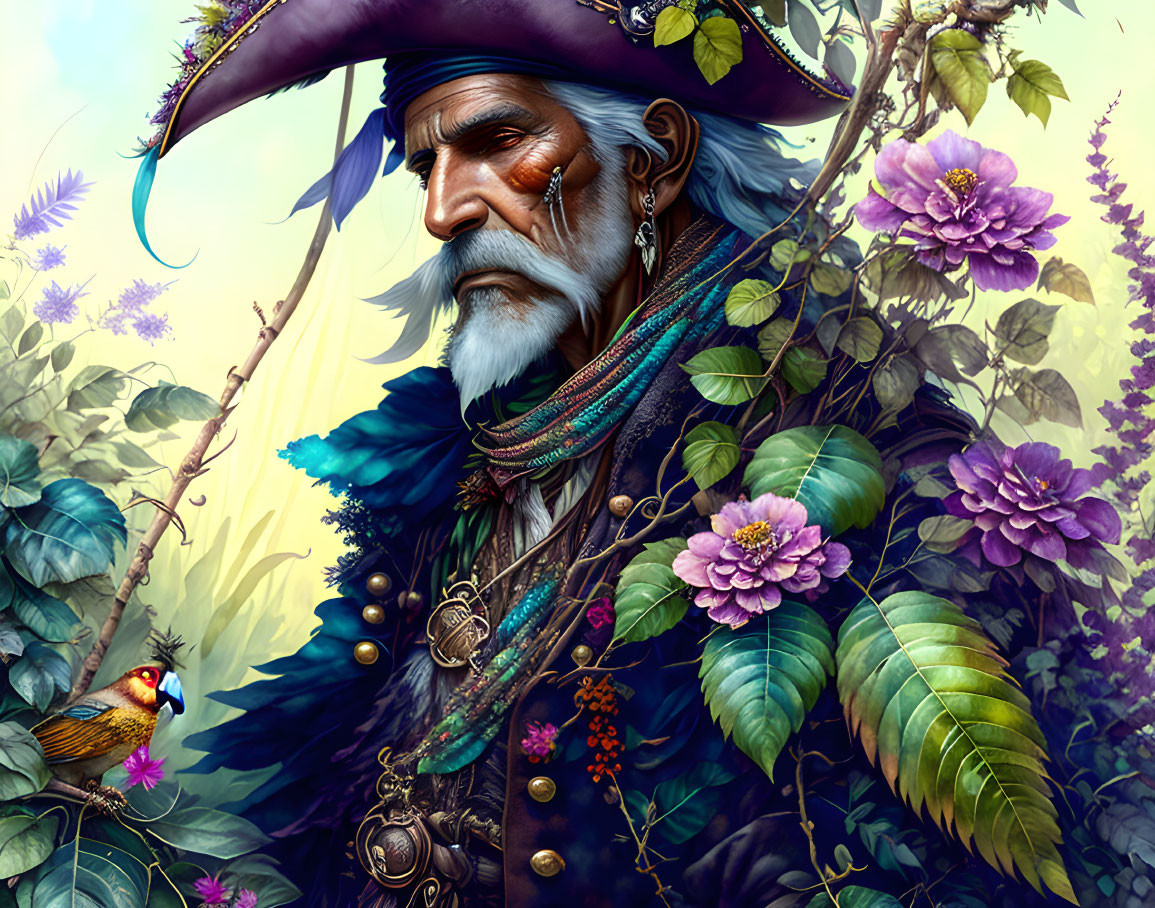 Illustration of old pirate with tricorn hat, lush foliage, flowers, and parrot