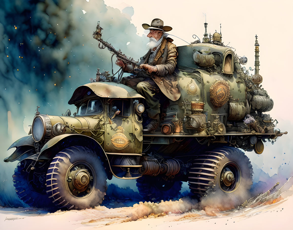 Elderly man plays banjo on steampunk-style modified vehicle