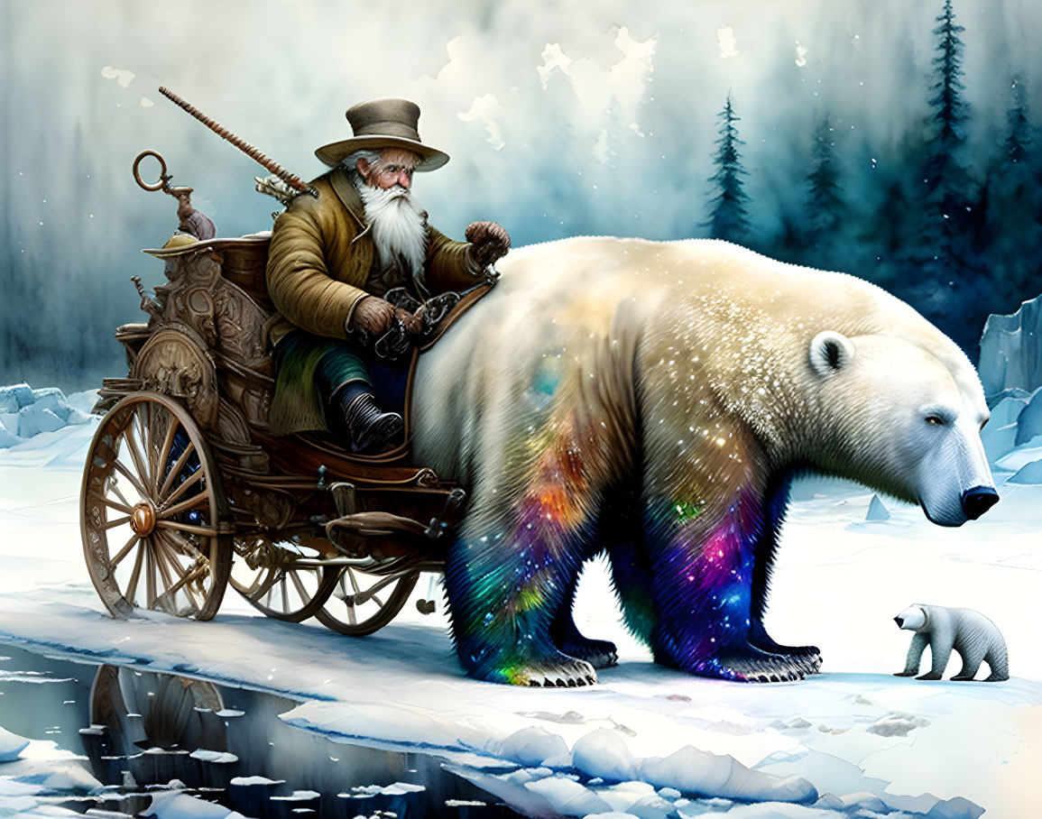 Elderly man with long beard on wooden cart in snowy landscape with spectral bear and cub