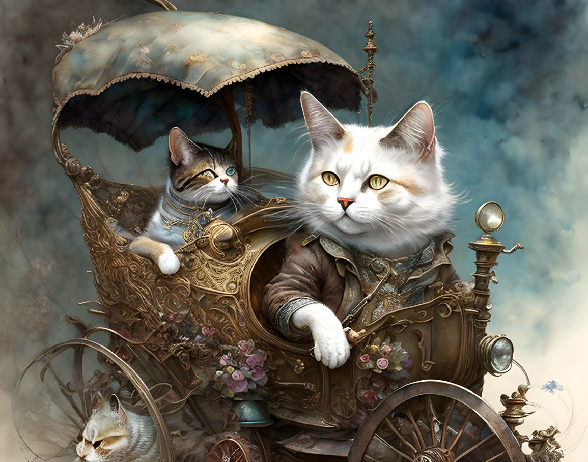 Whimsical digital artwork of two cats in steampunk carriage