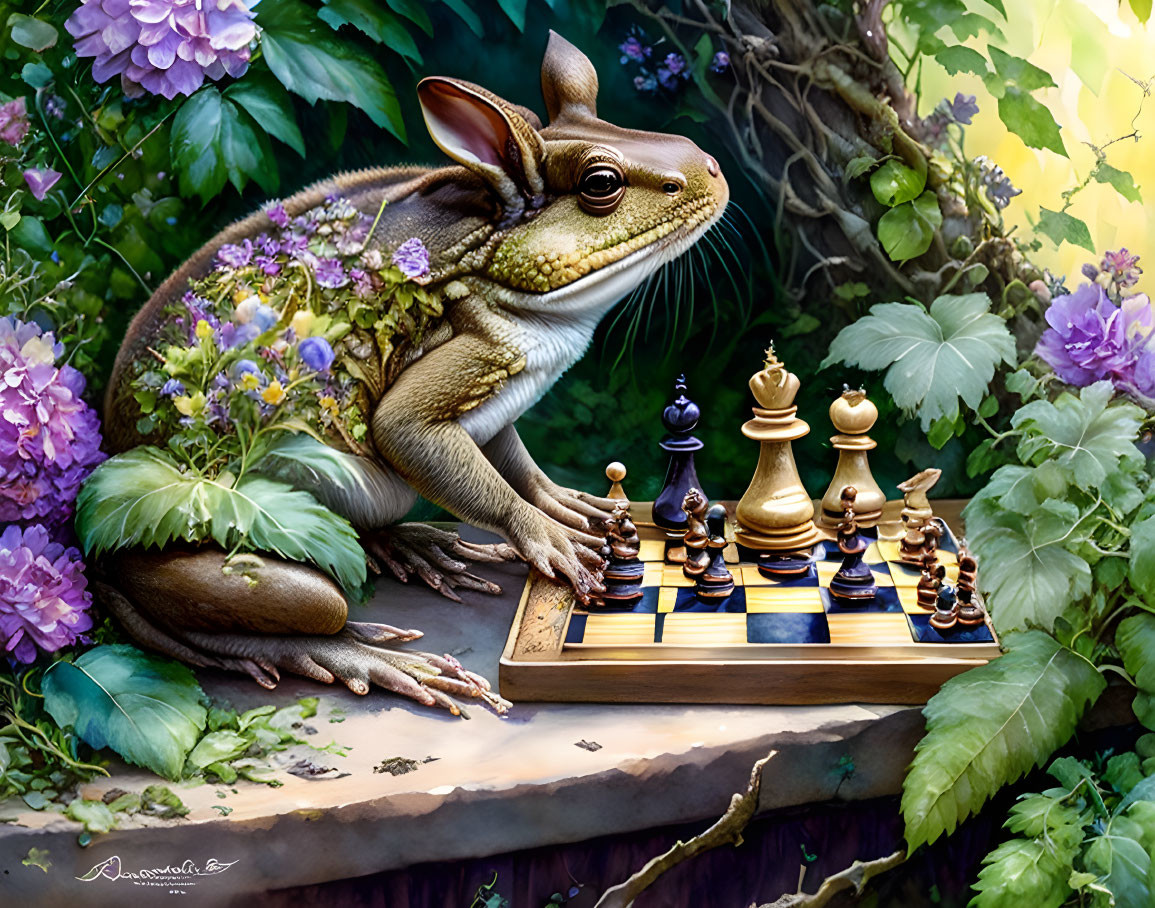 Anthropomorphic Frog in Floral Crown Contemplating Chessboard in Lush Foliage