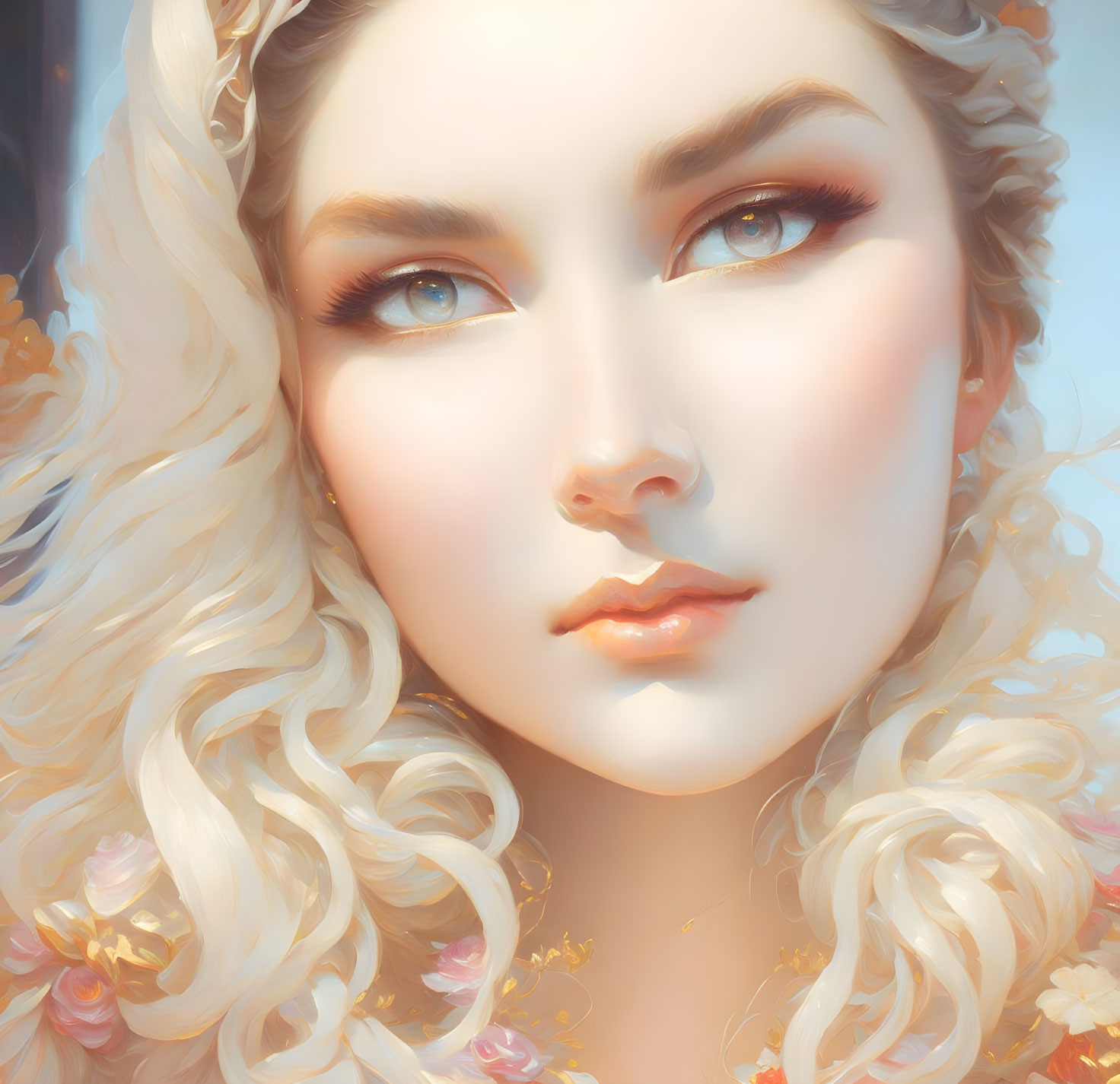 Blonde Curly-Haired Woman Portrait with Blue Eyes and Flowers