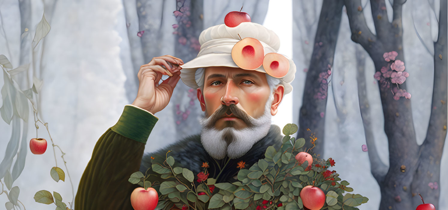 Man with Beard and Apple Hat in Surreal Forest Setting