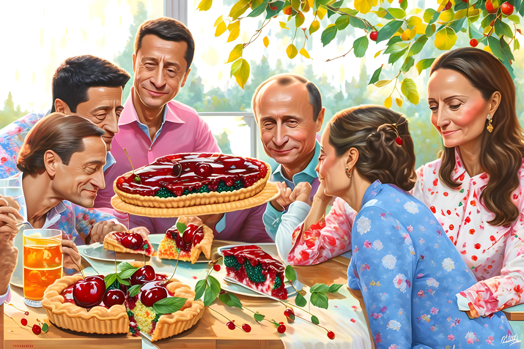 Colorful painting of six people enjoying cherry desserts at a table with a scenic view.