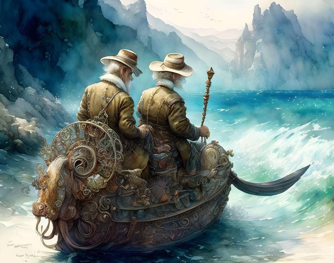 Fantasy art of two wizards in ornate boat on choppy sea with misty mountains