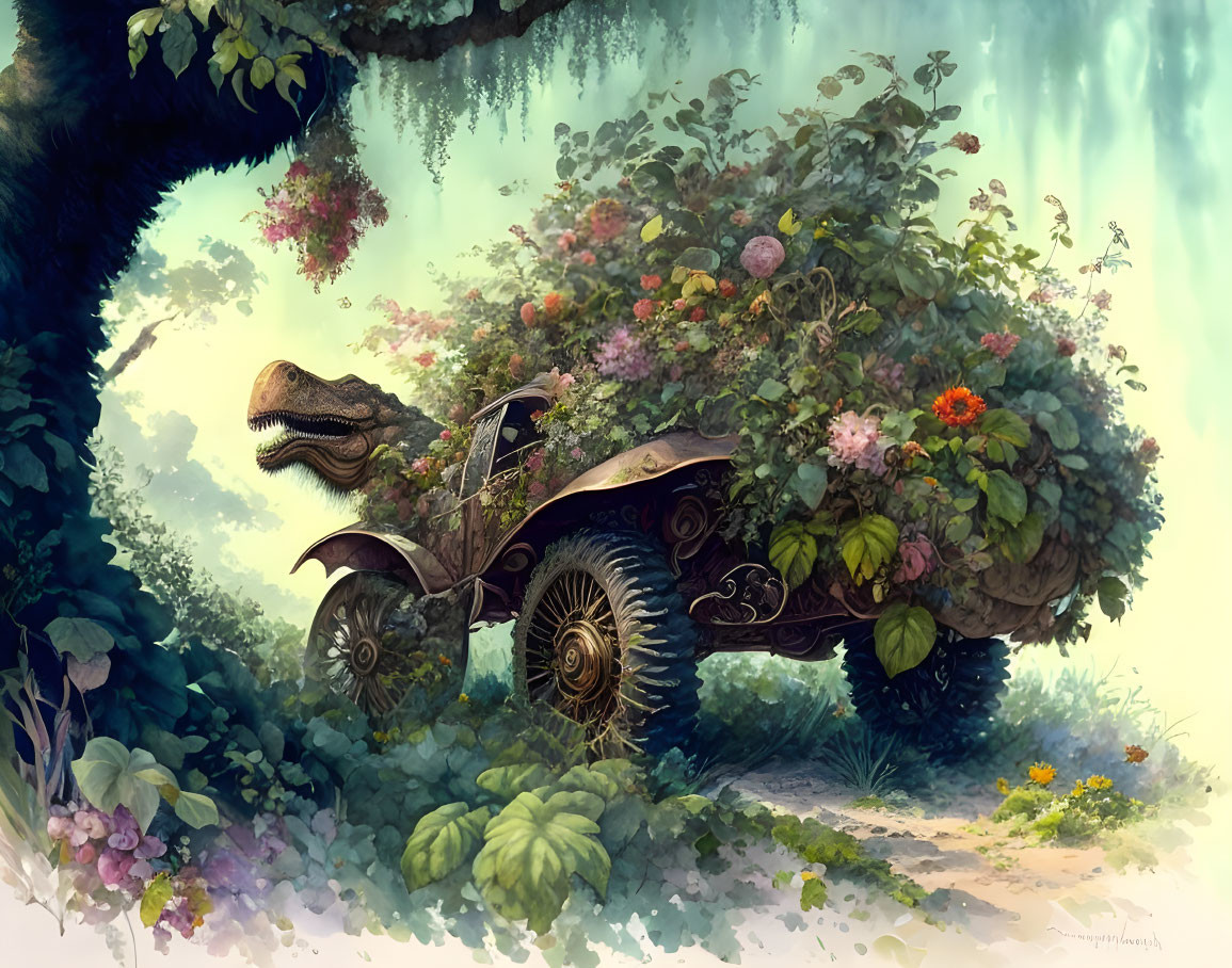 Velociraptor pulling carriage in mystical forest scene