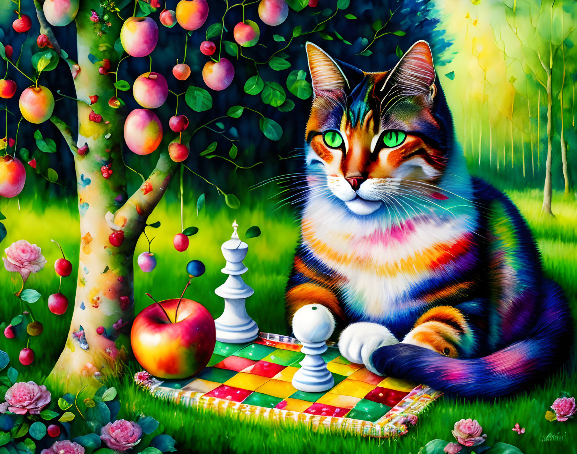 Colorful Striped Cat with Chessboard, Apple, and Fruit Trees