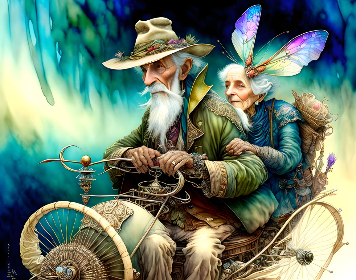 Elderly Couple with Fantastical Features Crafting Object and Riding Whimsical Bike