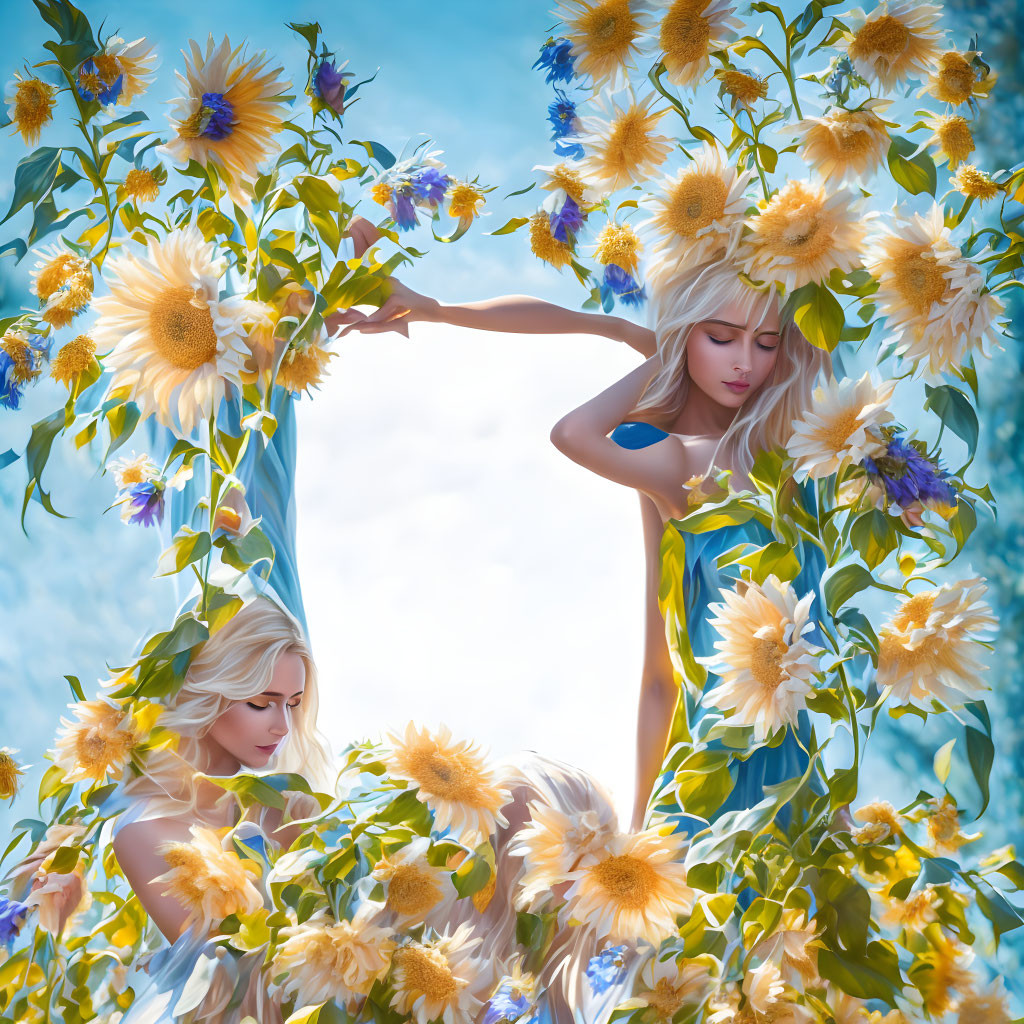 Two women in sunflower dresses among sunflower arrangements under blue sky