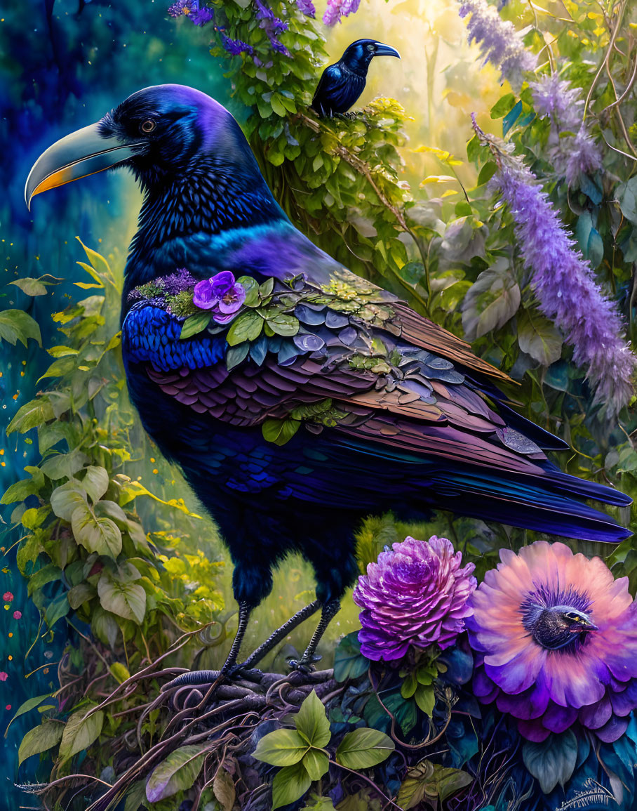 Detailed artwork of large iridescent bird perched on branches among purple and pink flowers