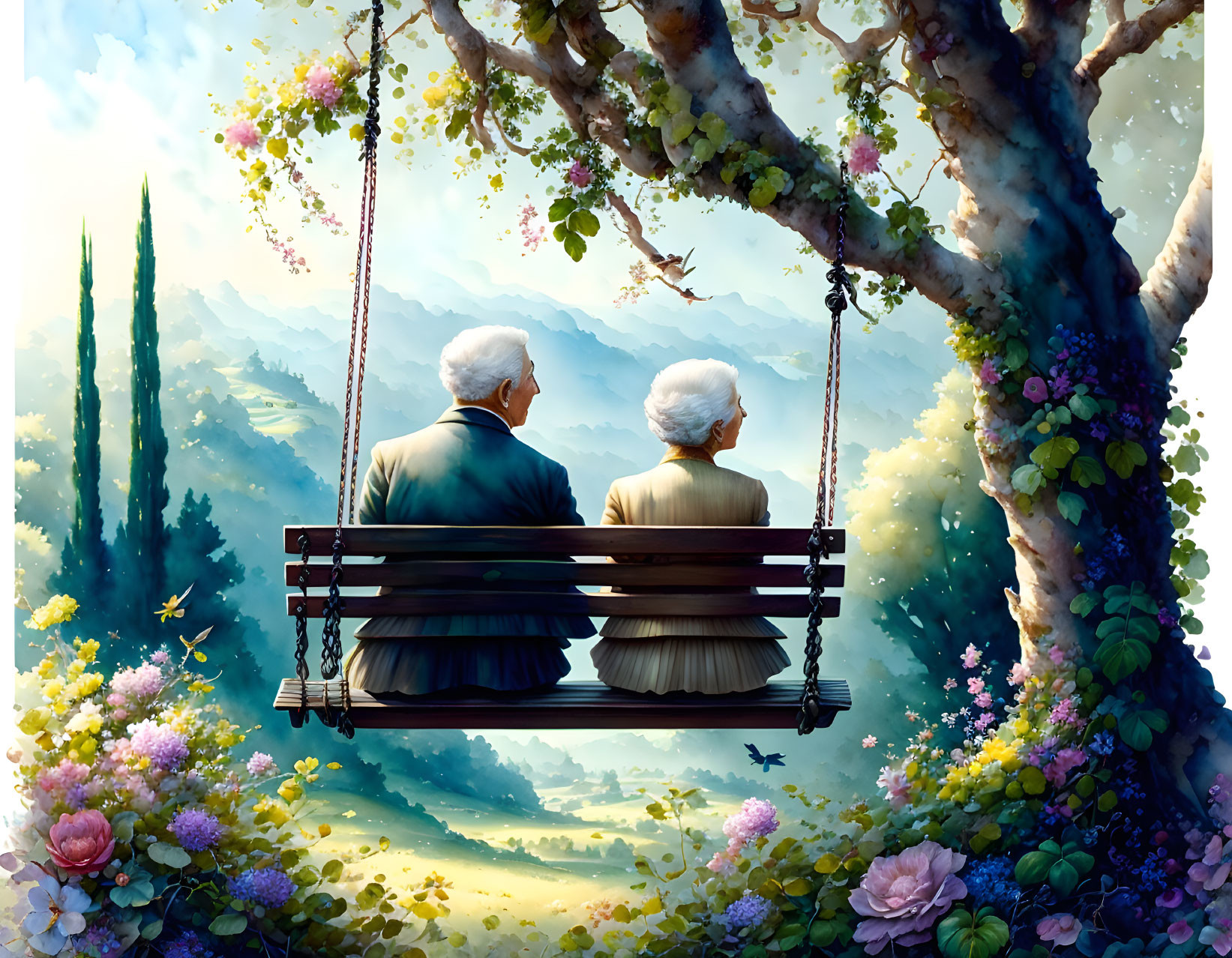 Elderly couple on swing admiring floral landscape