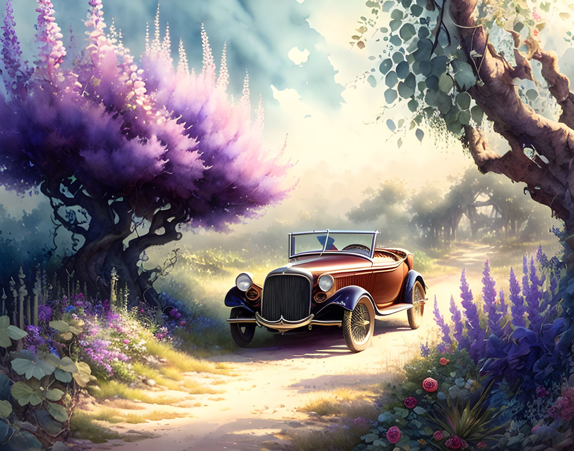 Vintage Car on Whimsical Path Amid Lush Vegetation