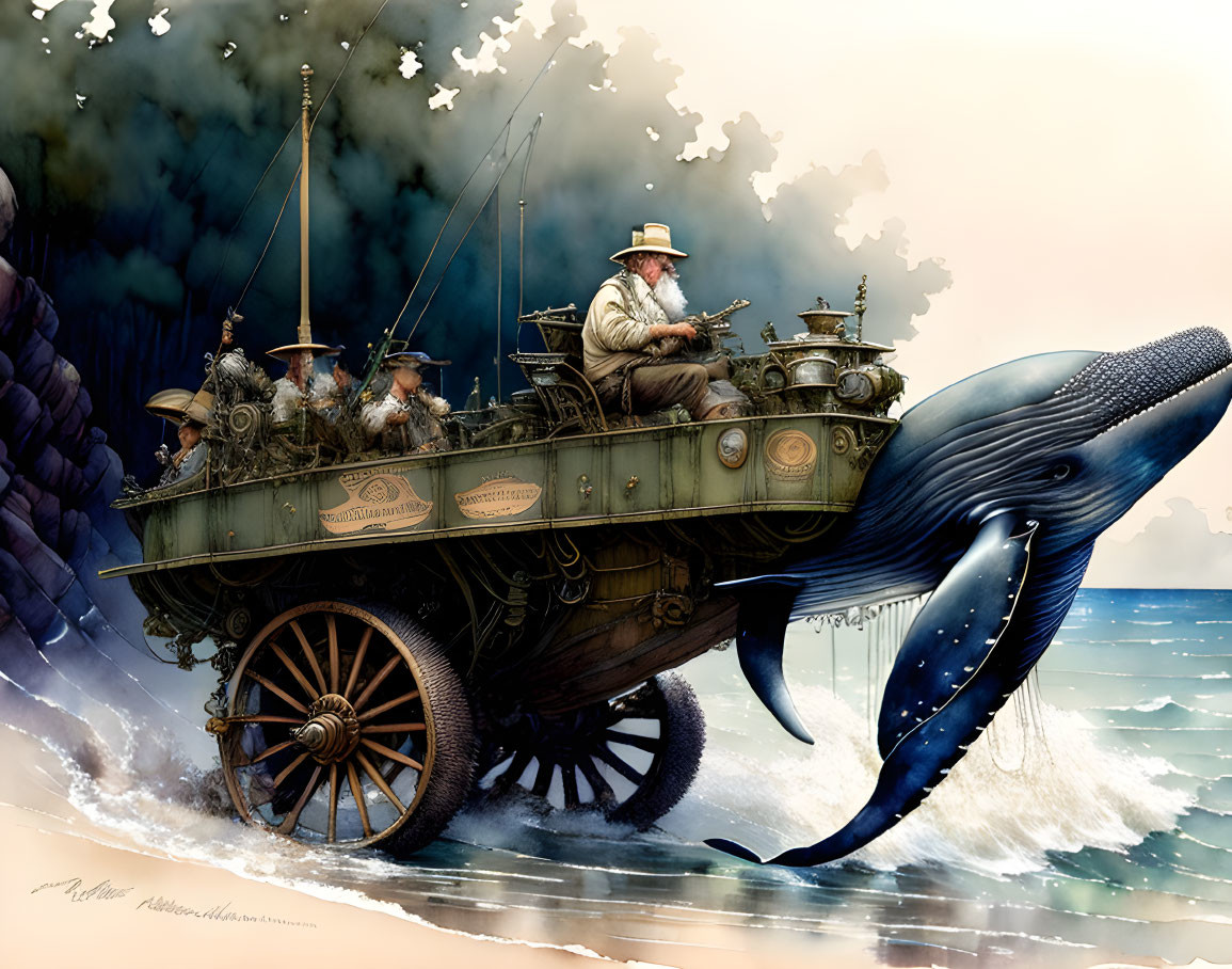 Man in hat rides steampunk vehicle with guns near giant whale on seashore under cloudy sky