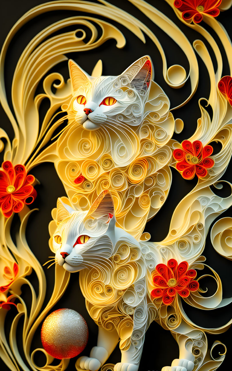 Detailed Artwork Featuring Two White Cats with Glowing Red Eyes