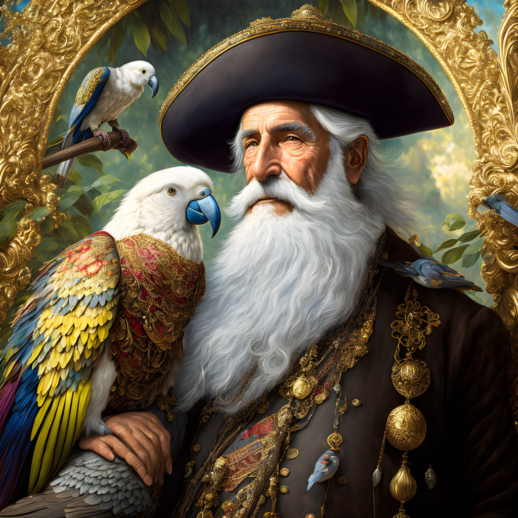 Elderly pirate captain with parrot and parakeet in ornate frame