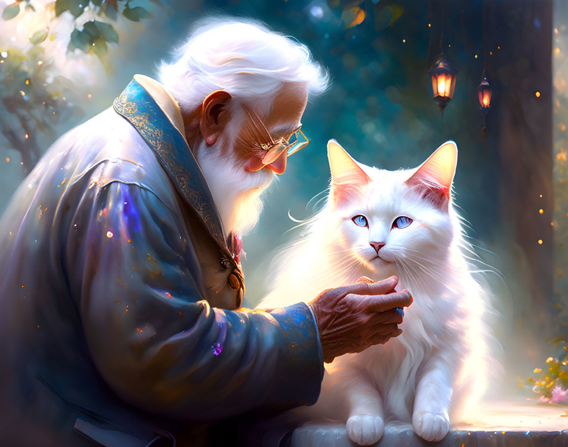 Elderly man with glasses and beard petting white cat in lantern-lit forest