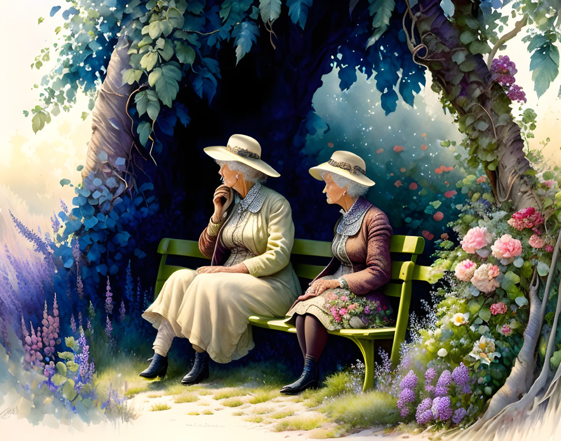 Vintage-dressed women sitting under greenery arch, one touching face.